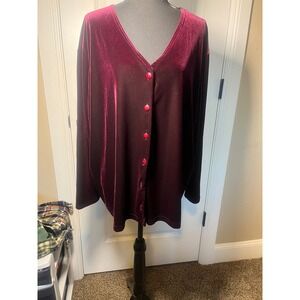 Burgundy Velvet Button Front Top Shirt Blouse Long Sleeve Elegant